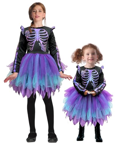 FORMIZON Skelett Kostüm für Kinder, Mädchen Buntes Skelett Kleid Set, Gruseliges Gespenst Kostüm, Horror Farbschädel für Kinder Halloween Kostüm, Cosplay Party, Karneval Mottoparty (M) von FORMIZON
