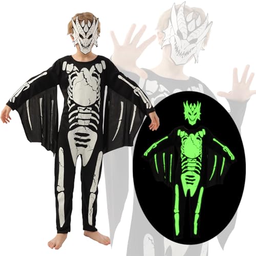 FORMIZON Halloween Skelett Kostüm Kinder, Skeleton Dino Kostüm Kinder, Halloween Skelett Overall Jungen, Leuchtet im Dunkeln Halloween Kostüm für Junge Cosplay Dress Up Party von FORMIZON