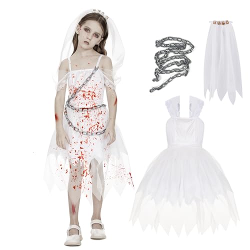 FORMIZON Zombie Kostüm Kinder, Geisterbraut Kostüm mit Plastikkette für Mädchen, Teufels Kostüm, Horror Vampir Hexe Kleider für Halloween Party, Karneval und Cosplay (L) von FORMIZON