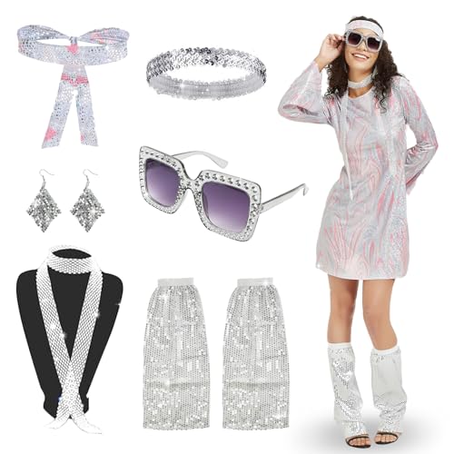 FORMIZON Hippie Kostüm Damen, 60er 70er Jahre Bekleidung Mode Pailletten Disco Hippie Kleidung Damen Kostüm mit Hippie Brille Haarband Halskette Ohrringe,Faschingskostüme für Karneval (Rosa, XXL) von FORMIZON