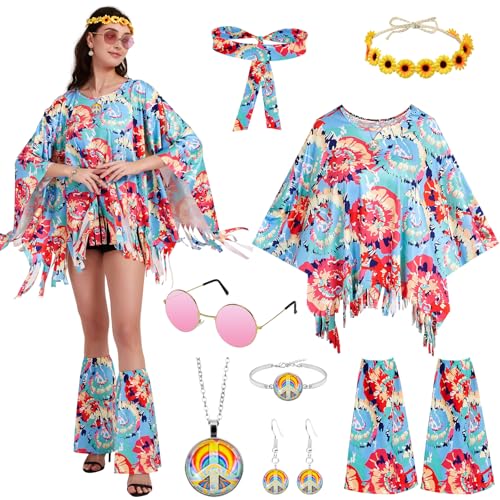 FORMIZON Hippie Kostüm Damen Set, 7 Stück Disco Outfit 60er 70er 80er 90er Jahre Hippie Kleidung mit Hippie Poncho Zubehör, Damen Mädchen Boho Flower Hippie Kostüm für Karneval Disco Party Cosplay von FORMIZON