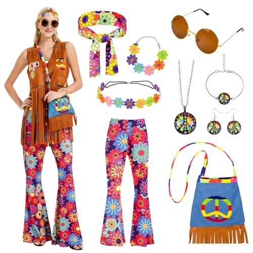 FORMIZON Hippie Kostüm Damen Set, Hippie Kleidung Damen mit Fransenweste Schlaghose, 60er 70er Jahre Faschingskostüm Hippie Damen, Tasche + Frieden Zeichen Halskette Ohrringe, für Karneval Party (M) von FORMIZON