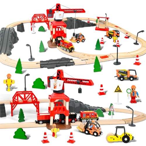 FORMIZON Holzeisenbahn Set Kinder, 87 Teiliges Holzeisenbahn Schienen und Zug Spielzeug, Modelleisenbahn-Set mit Elektrische Lok und Turmkran, Technik Triebwagen Set Geschenk für Jungen und Mädchen von FORMIZON