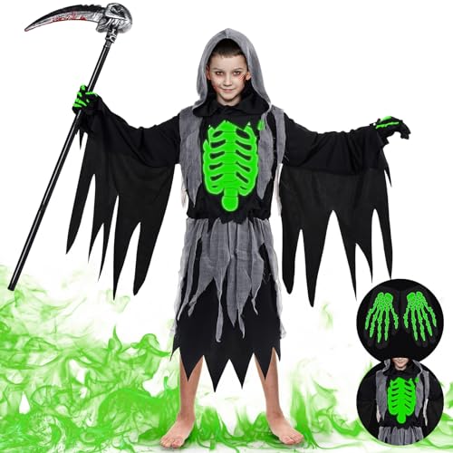 FORMIZON Halloween Sensenmann Kostüm, Im Dunkeln leuchtendes Skelettkostüm für Kinder, Jungen Zombie Geisterkostüm Set für Halloween, Cosplay, Karneval(L) von FORMIZON