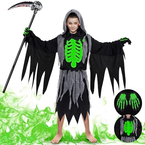 FORMIZON Sensenmann Kostüm Kinder, Kinderkostüm Teuflisches Skelett, Gruselige Halloween Kostüm Set mit Gruseligen Schädelmaske und Handschuhen für Halloween Party Cosplay (Black, M) von FORMIZON