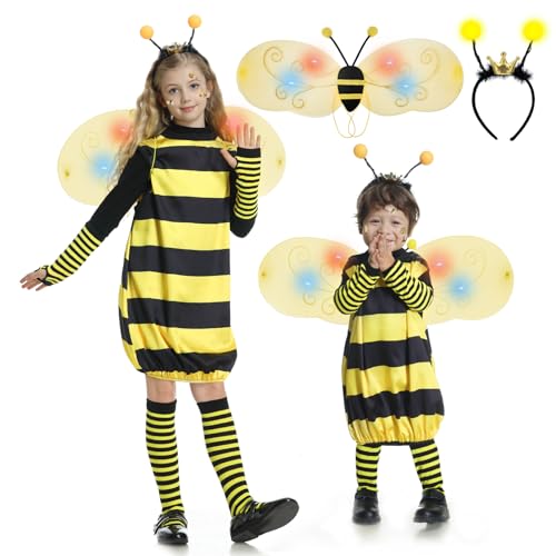FORMIZON Hummel Kostüm Kinder, Bienenkostüm Kinder, Biene Kostüm mit Glühende Flügel und Haarbänder, Faschingskostüme für Jungen Mädchen Karneval Dress Up Party Cosplay (140cm) von FORMIZON