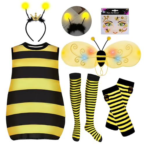 FORMIZON Hummel Kostüm Erwachsene, Große Größen Bienenkostüm Erwachsene, Biene Kostüm mit Glühende Flügel und Haarbänder, Faschingskostüme für Erwachsene Karneval Dress Up Party Cosplay von FORMIZON