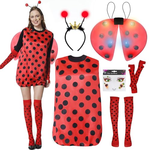 FORMIZON Marienkäfer Kostüm Damen, Große Größen Ladybug Kostüm, Rot Marienkäferkostüm mit Glühende Flügel und Haarbänder, Faschingskostüme Damen Marienkäfer für Karneval Dress Up Party Cosplay von FORMIZON