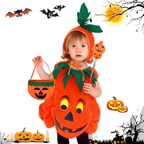 FORMIZON Halloween Kostüm Kürbis Kinder, 4 Teile Kürbis Kostüm Kinder, Baby Pumpkin Costume Cosplay mit Hüte Süßigkeitentasche und Kürbisstab, Kürbis kostüm für Halloween-Dekoration Cosplay von FORMIZON