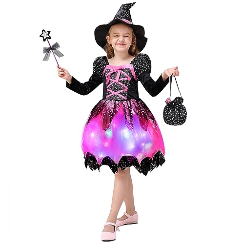 FORMIZON Mädchen Hexen Kostüm, LED Hexenkleid Kinder, Hexenkostüm mit Lichter, Kinder Zauberer verkleiden Cosplay Kostüm Set, Mädchen Halloween Fasching Karneval Party Bekleidung (Schwarz, 100) von FORMIZON