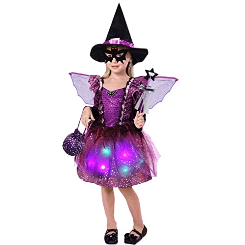 FORMIZON Mädchen Hexen Kostüm, LED Hexenkleid Kinder, Hexenkostüm mit Lichter, Kinder Zauberer verkleiden Cosplay Kostüm Set, Mädchen Halloween Fasching Karneval Party Bekleidung (Violett, 110) von FORMIZON