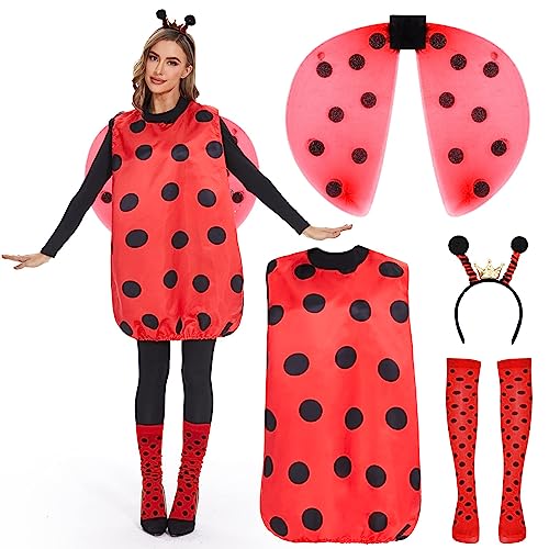 FORMIZON Marienkäfer Kostüm, Ladybug kostüm, Rot Marienkäferkostüm mit Flügeln, Beinärmel und Haarreif, Ladybug Party Outfit für Erwachsene von FORMIZON