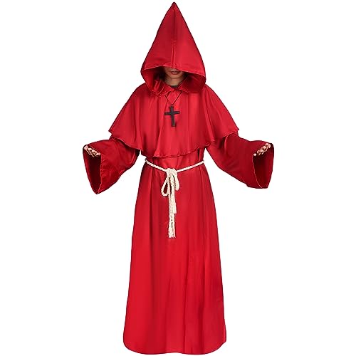FORMIZON Mönch Robe Kostüm, Gewand Mönchskutte, Priester Kostüm Herren, Mittelalter Renaissance Hooded Mönch Kostüm mit Kreuz, Gürtel, Narbenaufkleber Kostüm Herren für Halloween Cosplay(M, Rot) FORMIZON Mönch Robe Kostüm, Gewand Mönchskutte, Priester Kostüm Herren, Mittelalter Renaissance Hooded Mönch Kostüm mit Kreuz, Gürtel, Narbenaufkleber Kostüm Herren für Halloween Cosplay(M, Rot) von FORMIZON