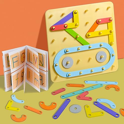FORMIZON Montessori Stecktafel Puzzle, Holz Geobrett Lernspielzeug mit Muster Karten, Holz Zahlen Alphabet Bauaktivität Set mit 33 Spielbausteines, Puzzle Brett Geschenk für Kinder ab 3+ Jahre von FORMIZON