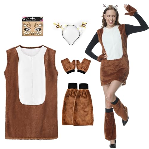 FORMIZON Reh Kostüm Damen, Rentier Kostüm, Bambi Braun Tierkostüm Damen mit Reh Geweih Haarreif und Glitter Gesichtstattoo, Faschingskostüme Damen Reh für Tierische Themenparty (XL) von FORMIZON