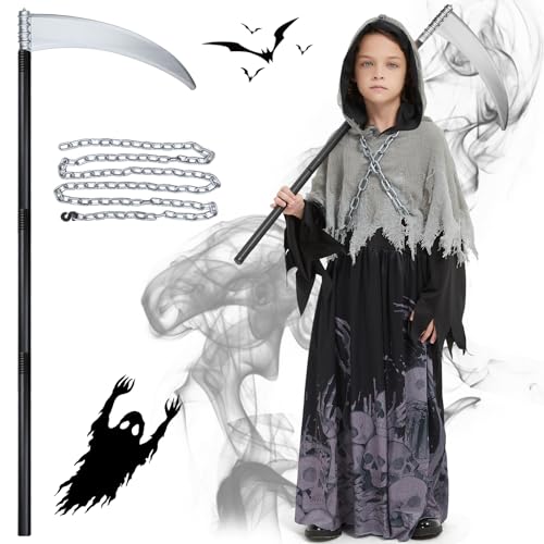 FORMIZON Sensenmann Kostüm Kinder, Grim Reaper Kinderkostüm, Halloween Kostüm Sensenmann Robe, Tod Kostüme mit Sichel und Kette, Skelett Sensenmann Verkleidung für Halloween Karneval Cosplay (XL) FORMIZON Sensenmann Kostüm Kinder, Grim Reaper Kinderkostüm, Halloween Kostüm Sensenmann Robe, Tod Kostüme mit Sichel und Kette, Skelett Sensenmann Verkleidung für Halloween Karneval Cosplay (XL) von FORMIZON