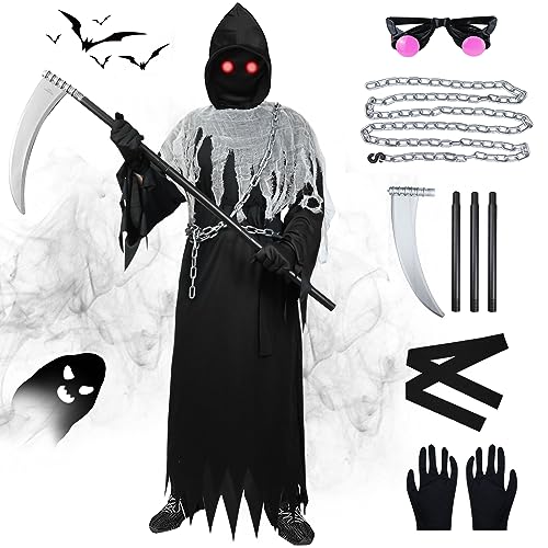FORMIZON Sensenmann Kostüm Kinder, Kinderkostüm Sensenmann mit Glühende Augen, Sensenmann Verkleidung Tod Kostüm Set mit Taillenkette und Spielzeugsense, Grim Reaper Kostüm für Halloween Cosplay FORMIZON Sensenmann Kostüm Kinder, Kinderkostüm Sensenmann mit Glühende Augen, Sensenmann Verkleidung Tod Kostüm Set mit Taillenkette und Spielzeugsense, Grim Reaper Kostüm für Halloween Cosplay von FORMIZON