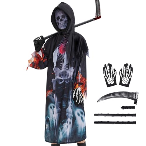 FORMIZON Sensenmann Kostüm Kinder, Kinderkostüm Teuflisches Skelett, Gruselige Halloween Kostüm Set mit Gruseligen Schädelmaske und Handschuhen, Tod Kostüm Set für Halloween Karneval Party Cosplay (L) von FORMIZON