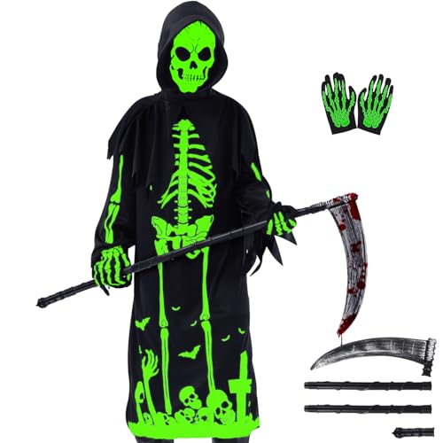 FORMIZON Sensenmann Kostüm Kinder, Kinderkostüm Teuflisches Skelett, Gruselige Halloween Kostüm Set mit Gruseligen Schädelmaske und Handschuhen für Halloween Party Cosplay (Skelett, M) von FORMIZON