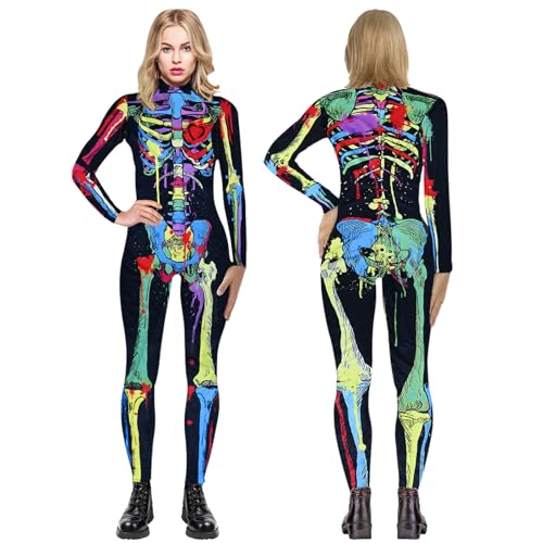 FORMIZON Skelett Jumpsuit Damen, Damen Skelett Overall, Skelett Kostüm Damen, Damen Halloween Jumpsuit, Bunt Skelett Bodysuits, 3D Print Jumpsuit Halloween Karneval Kostüm für Erwachsene (Bunt, L) von FORMIZON