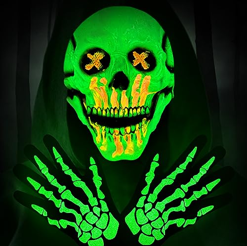 FORMIZON Skelett Maske Halloween, Totenkopf Maske Erwachsene mit Leuchtend Skelett Handschuhe, Schädel Maske Totenkopfmasken, Horror Maske für Halloween, Karneval, Cosplay Party (M) von FORMIZON