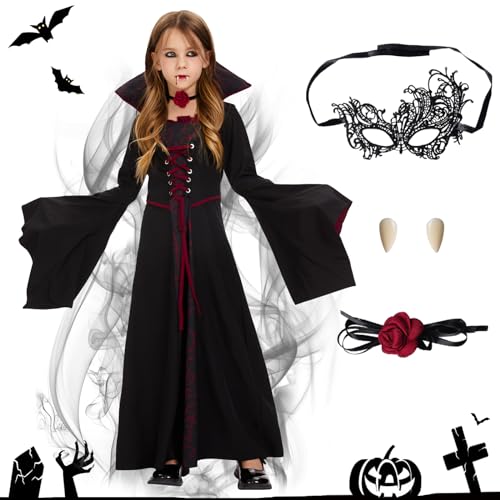 FORMIZON Vampirkostüm für Mädchen, Vampir Halloween Kostüme, Gothic Vampir Prinzessin Kostüm, Dunkelrot Vampir Kostüm Kinder, Vampir-Königin Kostüm mit Fasching Karneval Cosplay (110) von FORMIZON