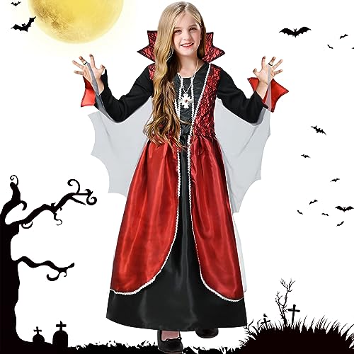 FORMIZON Vampir Kostüm Mädchen, Fledermaus Vampir Kleid mit Halsband, Gothic Vampirkostüm Kinder Vampirin Kleid, Langes Kleid mit Kragen für Halloween Verkleidung Fasching Karneval Cosplay (L) von FORMIZON