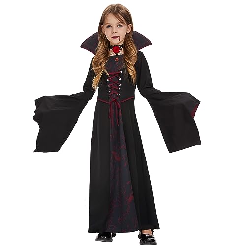 FORMIZON Vampir Kostüm Mädchen, Gothic Vampirkostüm mit Rosen Rubin Halskette, Schwarz Rot Vampir Halloween Kleid für Kinder Mädchen, Vampir Prinzessin Kostüm für Halloween, Fasching, Karneval (150) von FORMIZON