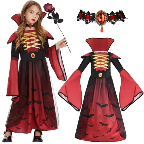 FORMIZON Vampir Kostüm Mädchen, Kinderkostüm Vampirin Kleid mit Halskette, Halloween Vampir Kostüm für Mädchen Deluxe Set, Karneval Cosplay Kinder-Kostüm Vampir-Königin für Größe 5-10 Jahre (M) von FORMIZON