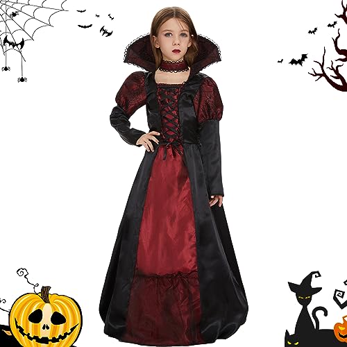 FORMIZON Vampir Kostüm Mädchen, Vampirin Kleid mit Nackenband, Schwarz Rot Vampir Halloweenkostüm für Kleine Größe 4-9 Jahre, Kinder Gothic Vampirkostüm Verkleidung Fasching Karneval Cosplay (M) von FORMIZON