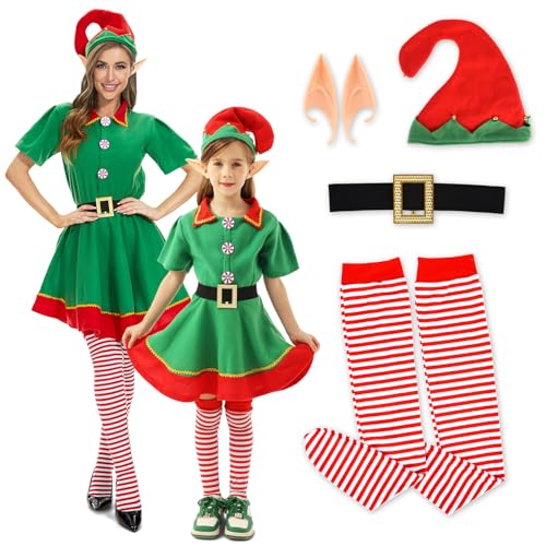 FORMIZON Weihnachtself Kostüm Set, Weihnachtskostüm Kinder Mädchen, Elfen Kostüm mit Hat, Elfenohren, Weihnachts Outfits Elfen Kostüm für Karneval Weihnachten Cosplay Party (150) von FORMIZON