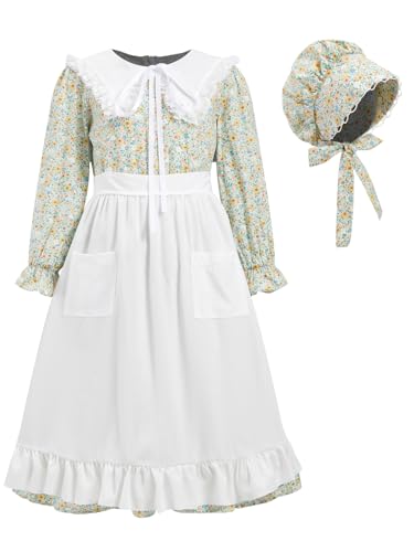 FORTMAC Prairie Dress - Pionier-Kostüm für Mädchen - Pilgerkostüm der 1800er Jahre mit Schürze und Mütze - Grün - Größe 8 von FORTMAC