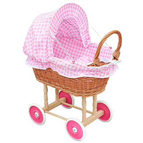 FORYOURPROTECTION Puppenwagen aus Weide Holz Weidenwagen Kinderwagen Weidenpuppenwagen Verschieden Motive (Hell ROSA | Kariert) von FORYOURPROTECTION