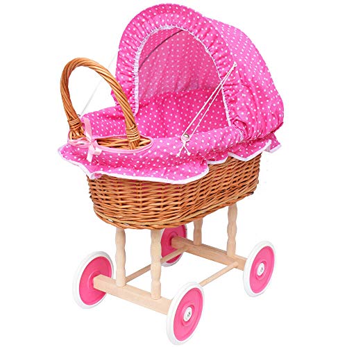 Puppenwagen aus Weide Holz Weidenwagen Kinderwagen Weidenpuppenwagen Verschieden Motive (ROSA | mit Punkten) von FORYOURPROTECTION