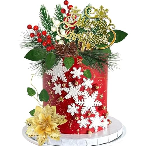 FOSDICK 15Pcs Tortendeko Weihnachten, Kuchen Deko Weihnachten, Tortendekoration weihnachten, Kunstblumen Kunstblätter Tannenzapfen Beeren Deko Merry Christmas Cake Topper, Christmas Cake Decorations von FOSDICK