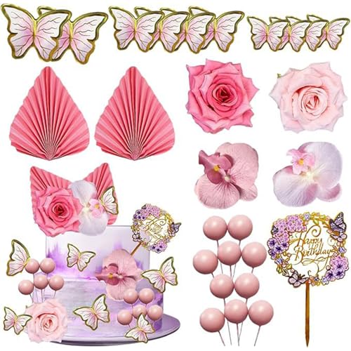 FOSDICK 27 PCS Boho Tortendeko Blumen, Happy Birthday Tortendeko, Kunstblumen Rosa Kugeln Torten Deko, Kuchen Deko Set,Cake Topper, Tortenaufsatz für Baby Shower Hochzeit Geburtstag Party (Rosa) von FOSDICK