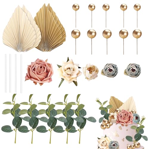 FOSDICK 28 PCS Tortendeko Blumen, Happy Birthday Tortendeko, Kunstblumen Laub Gold Kugeln Torten Deko, Boho Kuchen Deko Set, Cake Topper für Babyparty Hochzeitstorte Geburtstag Kommunion Taufe Party von FOSDICK