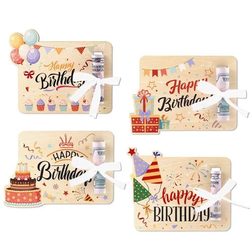 FOSDICK 4 Stück Geldgeschenke Geburtstag, Geldgeschenk Holz, Geld Geschenke Geburtstag, Lustige Geld Geschenk, Geburtstagskarte Geldgeschenk Holz, Ideen für Geldgeschenke, Ballons Kuchen Motive von FOSDICK