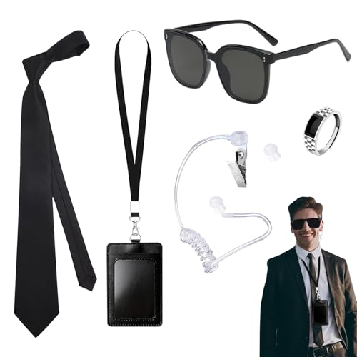 FOSDICK 5 Stück Agent Kostüm Zubehör, Geheimdienst Kostüm Set Spion Kostüm Zubehör, Agenten Kostüm, Geheimagent Kostüm, mit Sonnenbrille, Krawatte Hörer ID Karte für Cosplay Party von FOSDICK