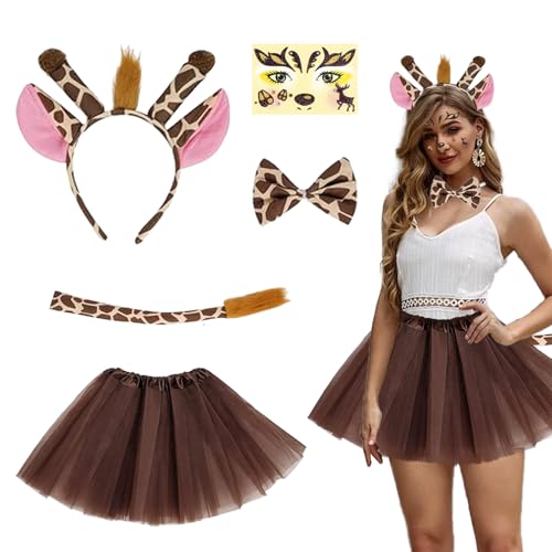 FOSDICK 5 Stück Reh Kostüm Damen, Rentier Kostüm Erwachsene Kinder, Hirsch Kostüm Set, Reh Haarreif, Tüllrock Braun Reh, Schwanz, Fliege, Glitzer Tattoo Gesicht Aufkleber, für Fasching Karneval Party von FOSDICK