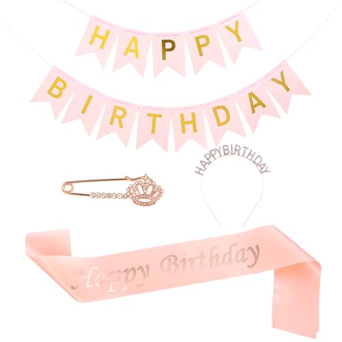 FOSDICK Geburtstagskrone Schärpe Geburtstag Set, Happy Birthday Krone & Schärpe, Happy Birthday Haarreif und Tiara, Brosche, Girlande Geburtstag für Mädchen Damen Geburtstag Deko Party Zubehör(Rosa) von FOSDICK