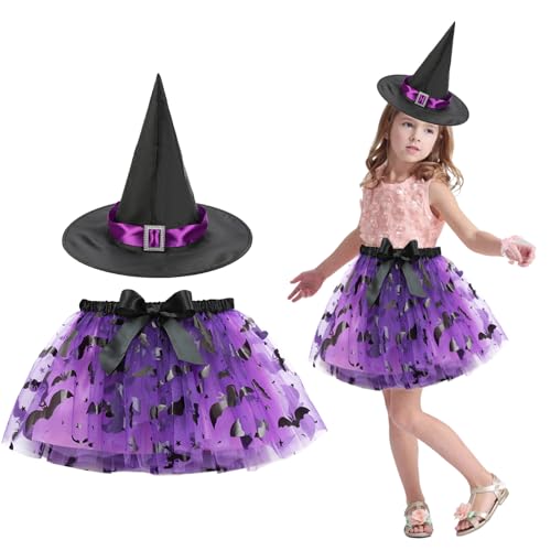 FOSDICK Halloween Kostüm Kinder Hexe Mädchen Tüll Rock mit Hexenhut, Hexenkostüm Kinder, Hexenkleid Mädchen Tüllrock, Hexen Kostüm kinder, Witch Costume Kids Hexenrock für Halloween Karnevals Party von FOSDICK