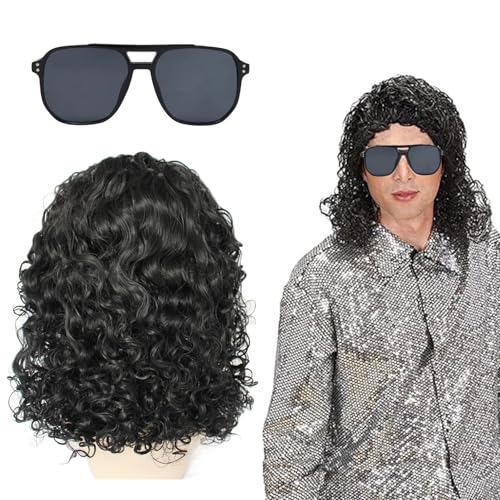 FOSDICK Vokuhila Perücke Herren Set, Perücke Rocker, 80er Jahre perücke Herren, Locken perücke Herren und Sonnenbrille, Perücken Fasching, Männerperücke für Halloween Kostüm Fasching Karneval Cosplay von FOSDICK