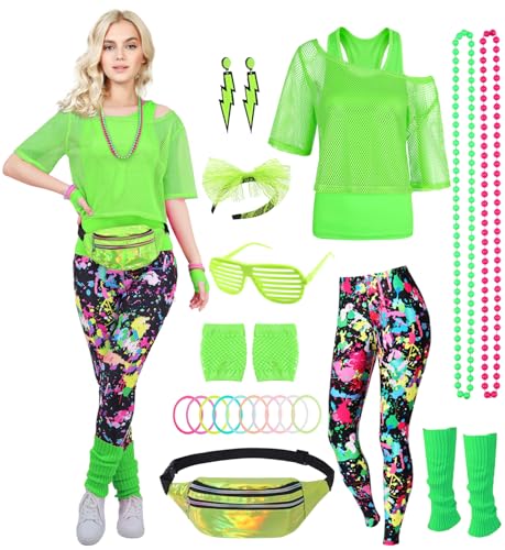 80er 90er Jahre Outfit Damen Netzshirt, Tank top, Leggins, Netzhandschuhe, Bauchtasche, Haarband, Ohrring, Armband, Halskette, 80iger Kostüm Zubehör Neon Kleidung 80s Aerobic Bad Taste Outfit FR040L von FOVER