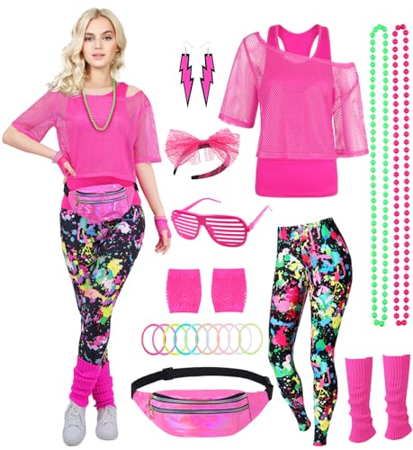 80er 90er Jahre Outfit Damen Netzshirt, Tank top, Leggins, Netzhandschuhe, Bauchtasche, Haarband, Ohrring, Armband, Halskette, 80iger Kostüm Zubehör Neon Kleidung 80s Aerobic Bad Taste Outfit FR039L von FOVER