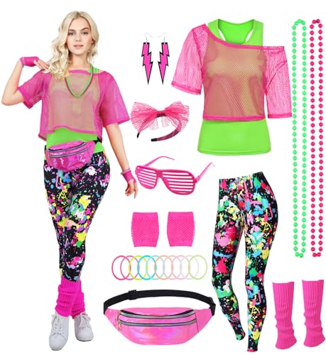 80er 90er Jahre Outfit Damen Netzshirt, Tank top, Leggins, Netzhandschuhe, Bauchtasche, Haarband, Ohrring, Armband, Halskette, 80iger Kostüm Zubehör Neon Kleidung 80s Aerobic Bad Taste Outfit FR042XL von FOVER