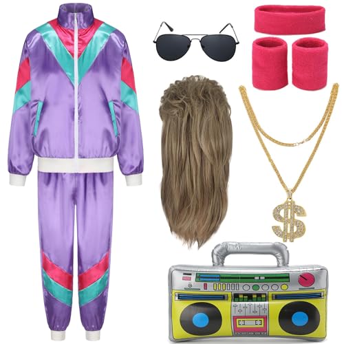 80er Jahre Outfit Herren Damen Kostüm Trainingsanzug Pop Art Retro Stil Kostüm Zubehör set mit Aufblasbares Radio Sonnenbrille Halskette Schweißband Mottoparty Fasching Bad Taste Outfit Lila 028M von FOVER