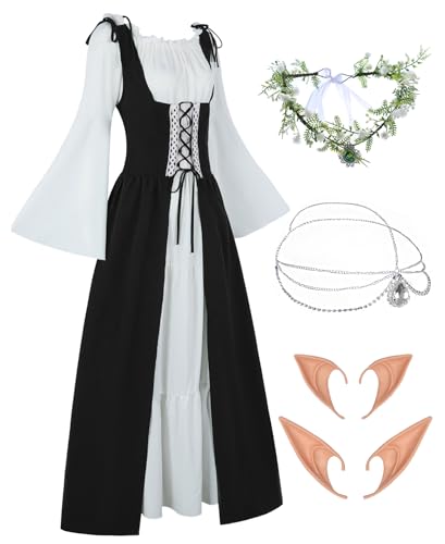 FOVER Gothic Kleidung Damen Mittelalter Renaissance Kleid Trompetenärmel Vintage Kleider Karneval Kostüm Piraten Cosplay Outfit mit Kopf Kette Blumenkranz Elfenohren Overknee Socken FR035XL von FOVER