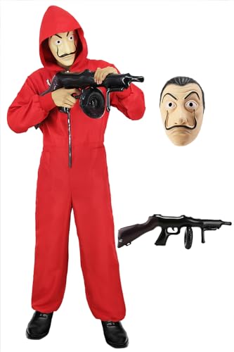 FOVER Haus des Geldes Kostüm Damen Herren Erwachsene Unisex Jumpsuit Set mit Dali Salvador Maske Roter Overall Partner Bankräuber Cosplay Outfit mit Zubehör für Karneval Fasching Halloween FR047XXL FOVER Haus des Geldes Kostüm Damen Herren Erwachsene Unisex Jumpsuit Set mit Dali Salvador Maske Roter Overall Partner Bankräuber Cosplay Outfit mit Zubehör für Karneval Fasching Halloween FR047XXL von FOVER