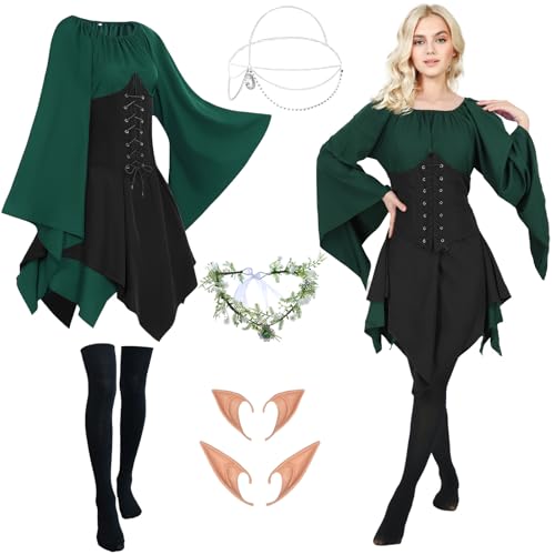 FOVER Mittelalter Gothic Kleidung Damen Traditionelles irisches Kleid Renaissance Grünes Kleider Karneval Halloween Kostüm Piraten Cosplay Outfit mit Kopf Kette Blumenkranz Elfenohren Socken FR033XXL von FOVER